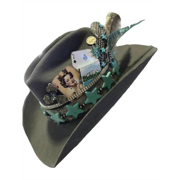 NEW ART BY AMY LABBE women's fedora hat in turquoise star grey - Picture 3 of 3